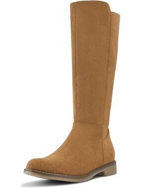 Women's Brown Suede Knee High Boots Flat Low Heel  with Side Zipper